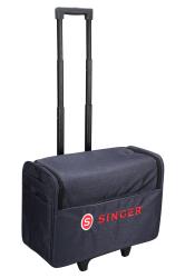Dunkelblaue Tragetasche mit Rollen und Teleskopgriff. Auf der Vorderseite ist das Logo 'SINGER' in rot.