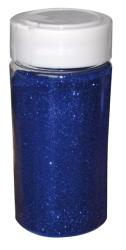Durchsichtiger Behälter mit blauem Glitzer. Der Deckel ist weiß. Glitzer schimmert und funkelt.