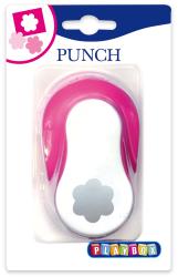 Papierschneider in Form eines Blumenlochs. Pinke Griffe, transparentes Gehäuse. Verpackung mit Produktname 'PUNCH'.