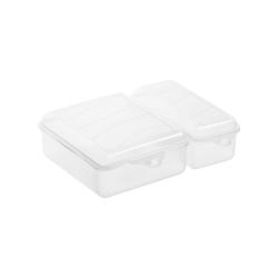 Zwei transparente Aufbewahrungsboxen mit Deckeln. Eine größere und eine kleinere Box, beide rechteckig.