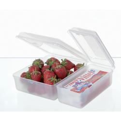 Zwei transparente Aufbewahrungsboxen mit Deckeln. Eine größere und eine kleinere Box, beide rechteckig.