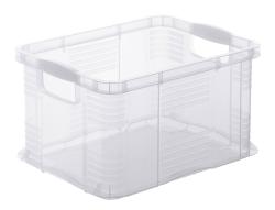 transparente Kunststoffbox mit zwei Griffen. Rechteckige Form, offen oben.