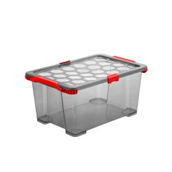 Transparente Aufbewahrungsbox mit rotem Deckel und Griffen. Rechteckige Form mit einem Gittermuster auf dem Deckel.