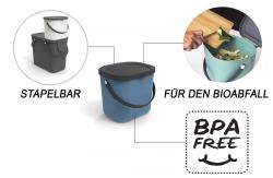 Blauer quadratischer Eimer mit schwarzem Deckel. Hat einen schwarzen Griff.