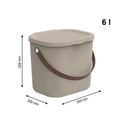 Beige Kunststoffbox mit ovalem Deckel und braunem Henkel. Die Form ist quadratisch mit abgerundeten Ecken.