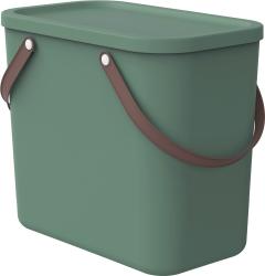 grüner rechteckiger Behälter mit Deckel. Zwei braune Griffe an den Seiten. Modernes, schlichtes Design.