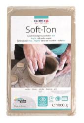 Verpackung mit Soft-Ton, natürlicher, geschmeidiger Ton. Abgebildete Hände formen eine Schale aus Ton. Verpackung zeigt mehrsprachige Beschreibung und Gewicht von 1000 g.