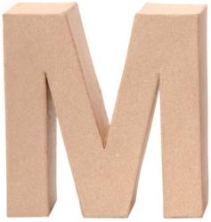 Dreidimensionaler Buchstabe 'M' aus braunem, unbeschichtetem Material. Kanten sind gerade und scharf.