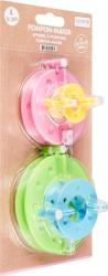 Vier runde Kunststoffringe in verschiedenen Farben: grün, blau, pink und gelb. Jeder Ring hat eine Öffnung in der Mitte.