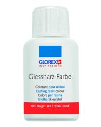 Flasche mit Gießharzfarbe. Aufschrift in mehreren Sprachen, rot als Hauptfarbe.