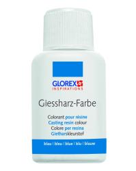 Flasche mit Gießharzfarbe in blau. Auf dem Etikett sind verschiedene Sprachen für die Anwendung angegeben.