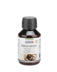 Braune Flasche mit schwarzem Deckel. Etikett in mehreren Sprachen. Inhalt: raffiniertes Mandelöl. Vegan. 100 ml.