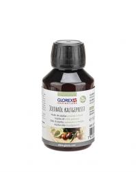 Braune Flasche mit schwarzem Deckel. Beschriftung in mehreren Sprachen. Inhalt: Jojobaöl, kaltgepresst. Vegan.