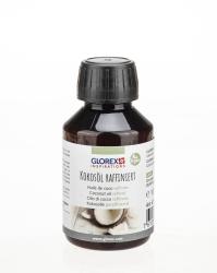 Eine braune Flasche mit schwarzem Deckel. Beschriftung mit dem Text 'Kokosoel raffiniert' in mehreren Sprachen.