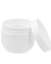 Weiße runde Creme- oder Kosmetikdose mit einem glatten Deckel. Die Oberfläche ist schlicht und unbeschriftet.