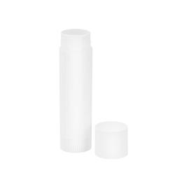 Weißer Lippenbalsam in runder, schlanker Tube. Der Deckel ist abnehmbar.