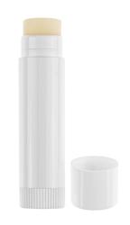 Weißer Lippenbalsam in runder, schlanker Tube. Der Deckel ist abnehmbar.