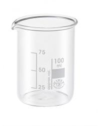 Glasbecher mit einem Fassungsvermögen von 100 ml. Markierungen für 25, 50, 75 und 100 ml sind sichtbar.