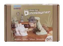 Kartonverpackung für ein DIY-Gießset mit Dinosauriern. Zwei Figuren abgebildet: ein Stegosaurus in Weiß und ein T-Rex in Grün. Naturfarben im Hintergrund, einfache Gestaltung.