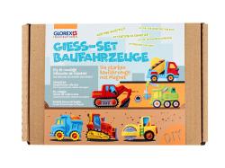 Kartonverpackung für ein Gießset mit Baufahrzeugen. Bunte Illustrationen von verschiedenen Baustellenfahrzeugen.