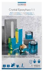 Verpackung für Crystal Epoxyharz 1:1. Enthält verschiedene transparente und farbige Epoxy-Objekte.