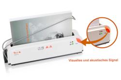 Laminiergerät in Weiß mit orangefarbenem Startknopf. Zeigt Statusanzeigen für Betrieb und Fehler.
