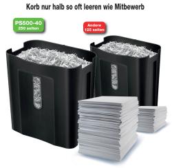 Schwarzer Aktenvernichter mit einem Sichtfenster. Kompakt und einfach gestaltet.