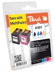 Packung mit zwei Druckerpatronen. Eine schwarze und eine farbige Patrone. Auf der Vorderseite der Packung steht 'Peach H301'. Hinweis auf Mehrfachpack-Angebote.