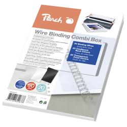 Packung mit Wire Binding Combi Box. Enthält 20 silberne Bindeblätter, 10 schwarze und weiße Rückencover, 20 transparente Frontcover. Für A4-Dokumente geeignet.
