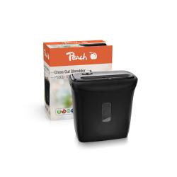 Schwarz-gelber Aktenvernichter. Kompakte Form. Verpackung im Hintergrund. Sichtfenster für Papierfüllstand.
