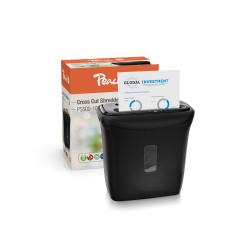 Schwarz-gelber Aktenvernichter. Kompakte Form. Verpackung im Hintergrund. Sichtfenster für Papierfüllstand.