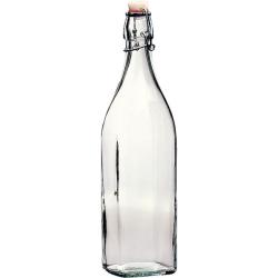 Durchsichtige Glasflasche mit einem Bügelverschluss. Schlankes, elegantes Design.