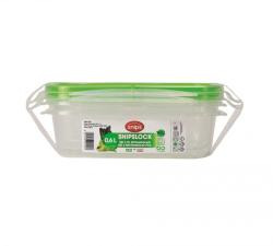 rechteckige, transparente Aufbewahrungsbox mit grünem Deckel. Abgebildete Gemüse und Obst auf dem Deckel. Verschlussclips an den Seiten.