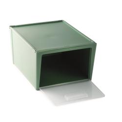 Grüne Aufbewahrungsbox mit einem transparenten Frontfenster. Die Box hat einen Deckel und einen Griff.