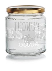 Glasbehälter mit goldenem Deckel. Beschriftung mit dem Wort 'olive' und Illustrationen von Oliven.