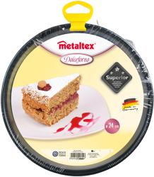 Schwarze Springform mit klappbarem Verschluss. Rund und flach, geeignet zum Backen.