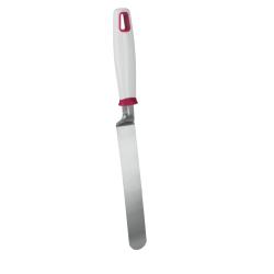 Edelstahlpalette mit einem weißen Griff und pinken Akzenten. Flache, breite Klinge für das Verteilen von Lebensmitteln.