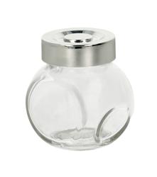 runder, transparenter Glasbehälter mit einem silbernen Deckel. Der Behälter hat eine glatte Oberfläche.