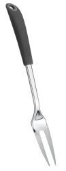 Edelstahl-Gabel mit zwei spitzen Zinken. Der Griff ist schwarz und ergonomisch geformt.