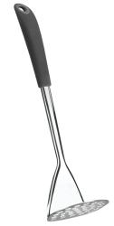 Küchenhelfer, flacher Metalllöffel mit Löchern. Langer Griff, schwarzer Gummiüberzug. Ideal zum Wenden oder Servieren.