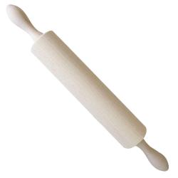 Holzbackrolle mit zwei runden Griffen. Die Oberfläche ist glatt und hell.