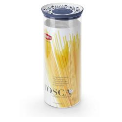 Durchsichtiger Behälter für Spaghetti mit blauer Deckel. Auf der Verpackung sind Spaghetti abgebildet.