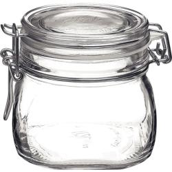 Glasbehälter mit einem Deckel. Verschluss mit einem Bügelverschluss. Transparentes Glas, rundliche Form.