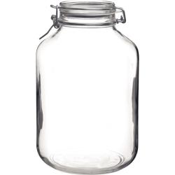 großer, transparenter Glasbehälter mit einem Deckel. Der Deckel hat einen Metallverschluss. Der Behälter hat eine runde Form.