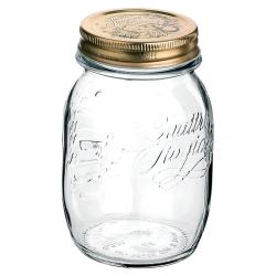 Ein durchsichtiges Einmachglas mit einem goldenen Schraubdeckel. Das Glas hat eine bauchige Form.