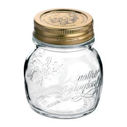 Glasgefäß mit rundem Körper und goldenem Schraubdeckel. Klare Sicht auf den Inhalt. Dekorative Prägung auf der Oberfläche.