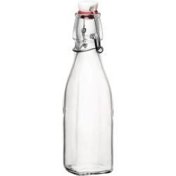 Klare Glasflasche mit einem weißen, drehbaren Verschluss. Sie hat eine schmale Form.