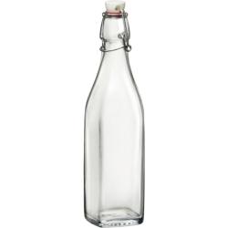 Durchsichtige Glasflasche mit einem Drahtverschluss. Schlankes, einfaches Design.
