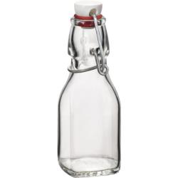 klare Glasflasche mit einem weißen Stopfen. Verschluss mit Drahtbügel. Form einer kleinen Milchflasche.
