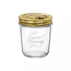 Glasgefäß mit goldenem Schraubdeckel. Beschriftung 'Quattro Stagioni'. Klare, transparente Farbe.